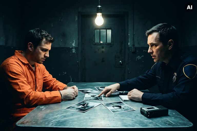 Police detective questioning a prisoner in a dark interrogation room Detective Mystery Document, Dark Cinematic